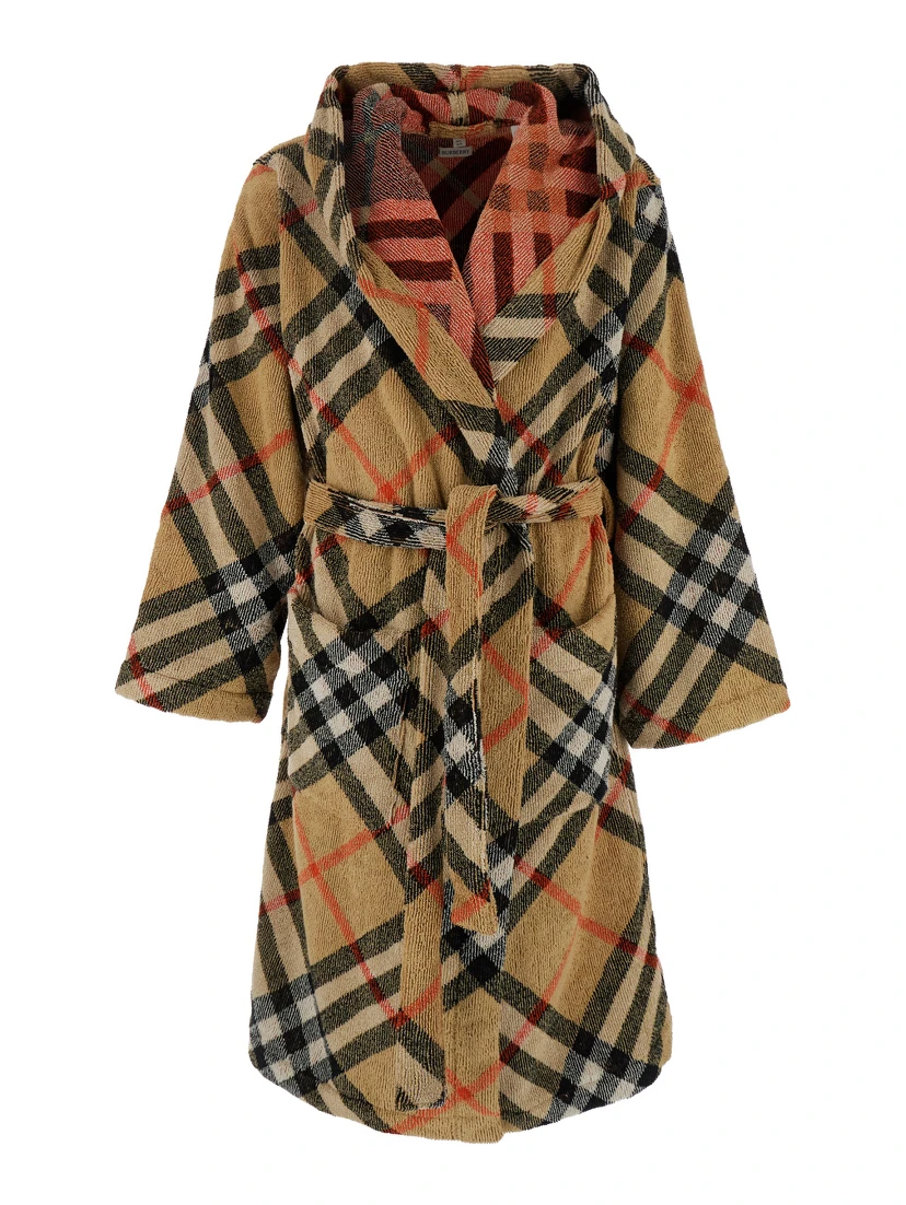Beige Robe with Cord Closure on the Front and All-Over Check Motif in Cotton Home