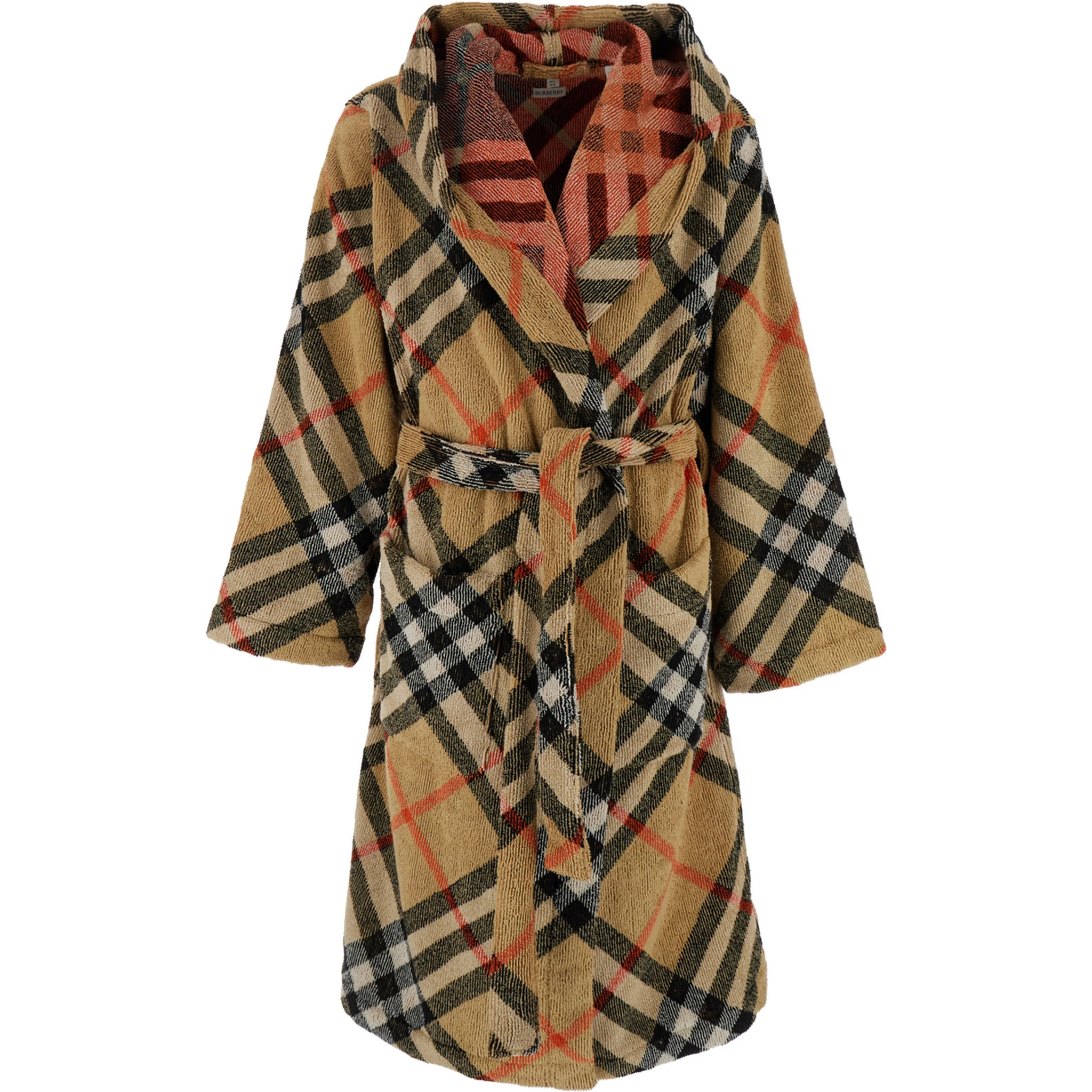 Beige Robe with Cord Closure on the Front and All-Over Check Motif in Cotton Home