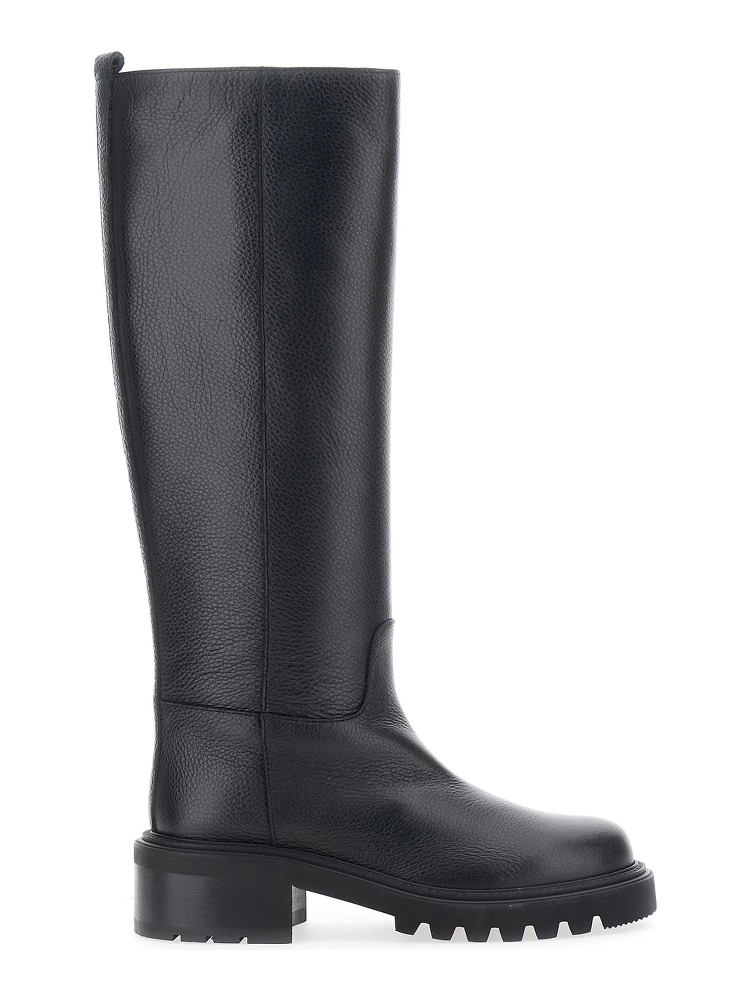 Black Knee-High Slip-On Boots in Grained Leather Woman