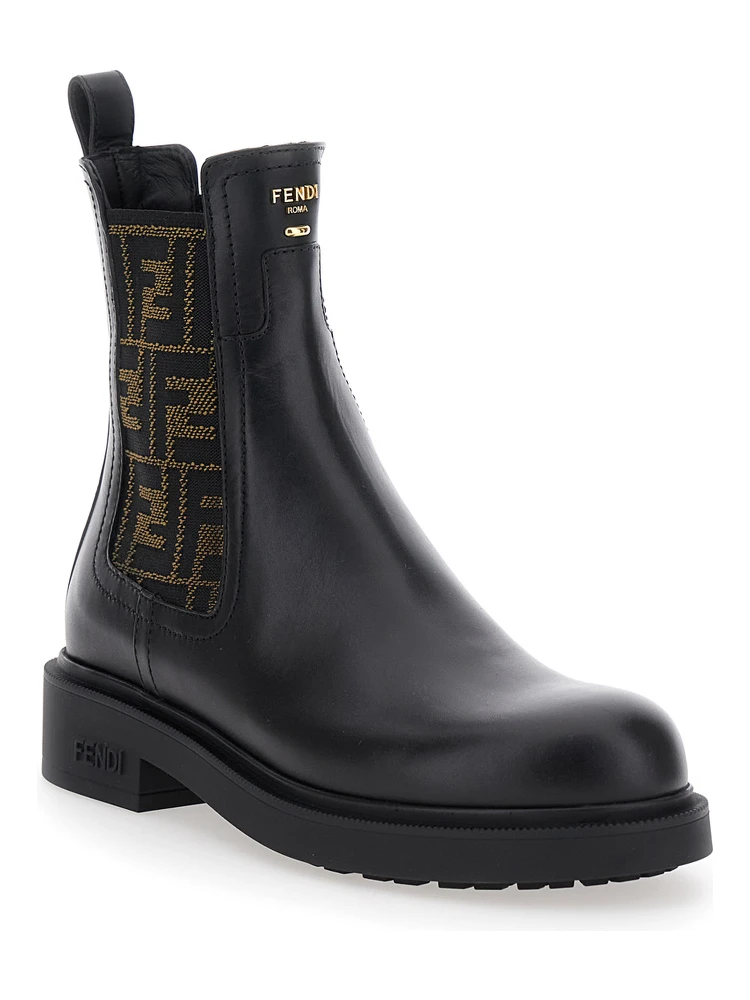 Black Ankle Boots with Elastic Side Detailing and FF Motif in Leather Woman alternative
