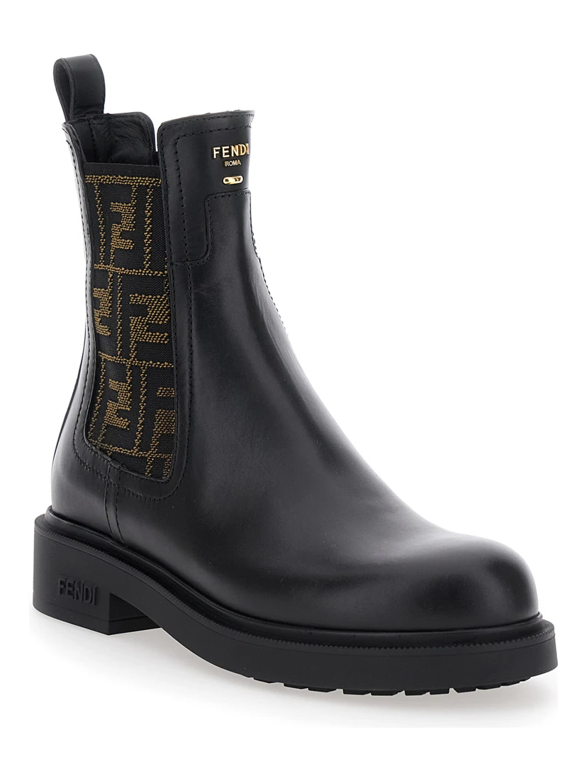 Black Ankle Boots with Elastic Side Detailing and FF Motif in Leather Woman