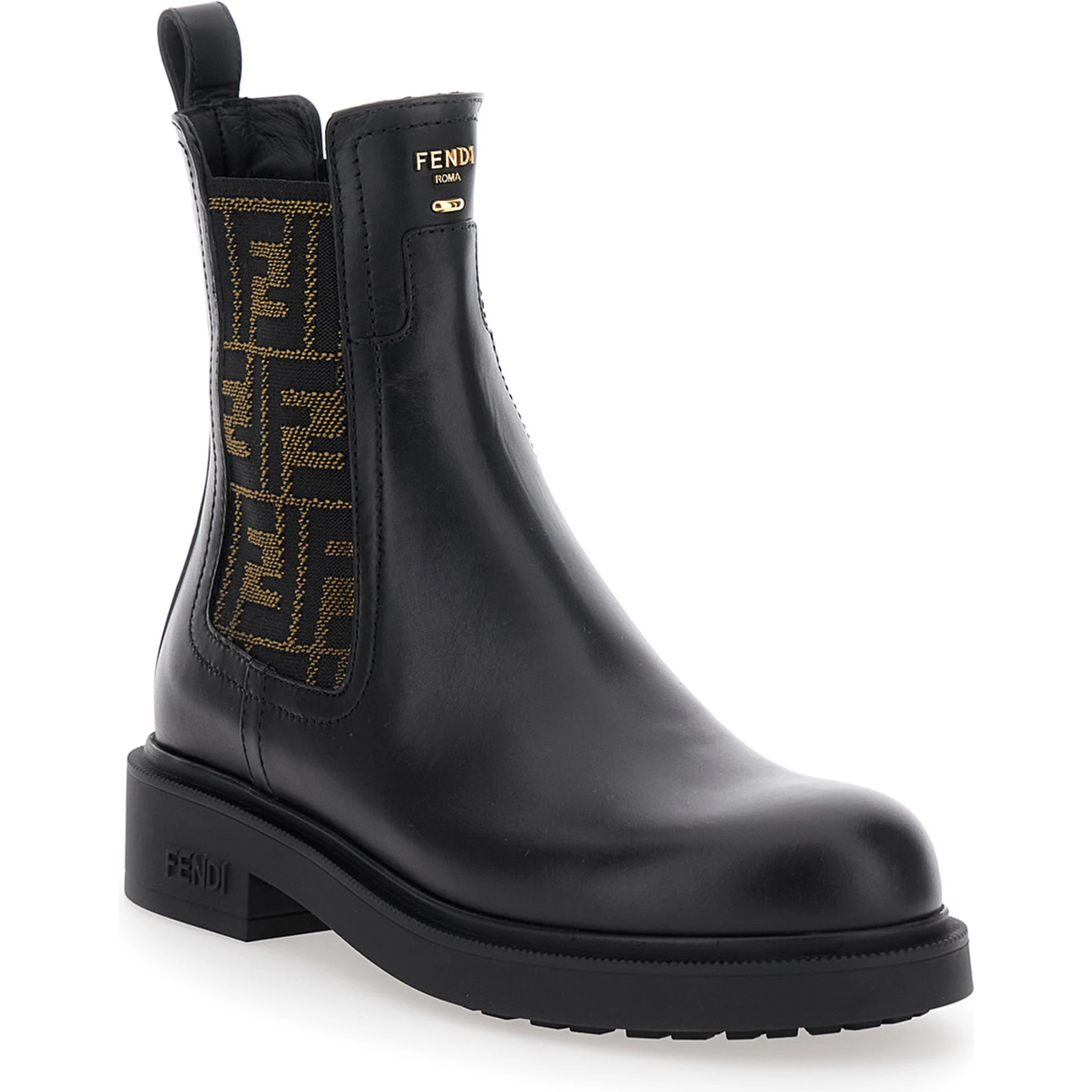 Black Ankle Boots with Elastic Side Detailing and FF Motif in Leather Woman