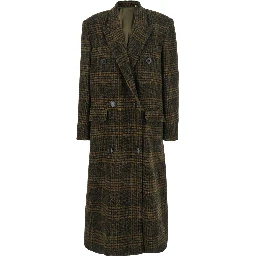 Lexana Green Double-Breasted Coat with Peak Revers and All-Over Check Motif in Wool Woman