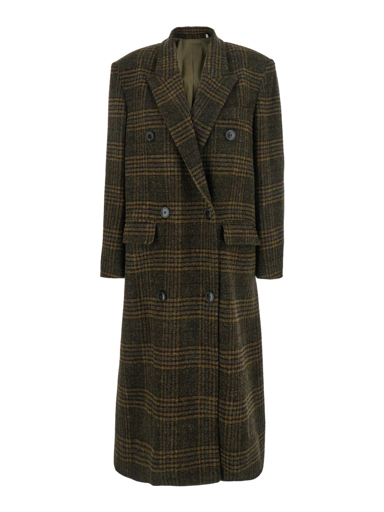 Lexana Green Double-Breasted Coat with Peak Revers and All-Over Check Motif in Wool Woman