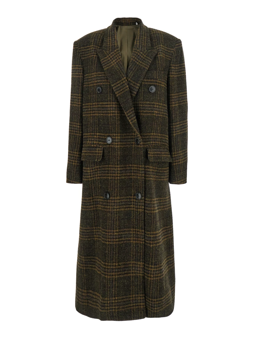 Lexana Green Double-Breasted Coat with Peak Revers and All-Over Check Motif in Wool Woman