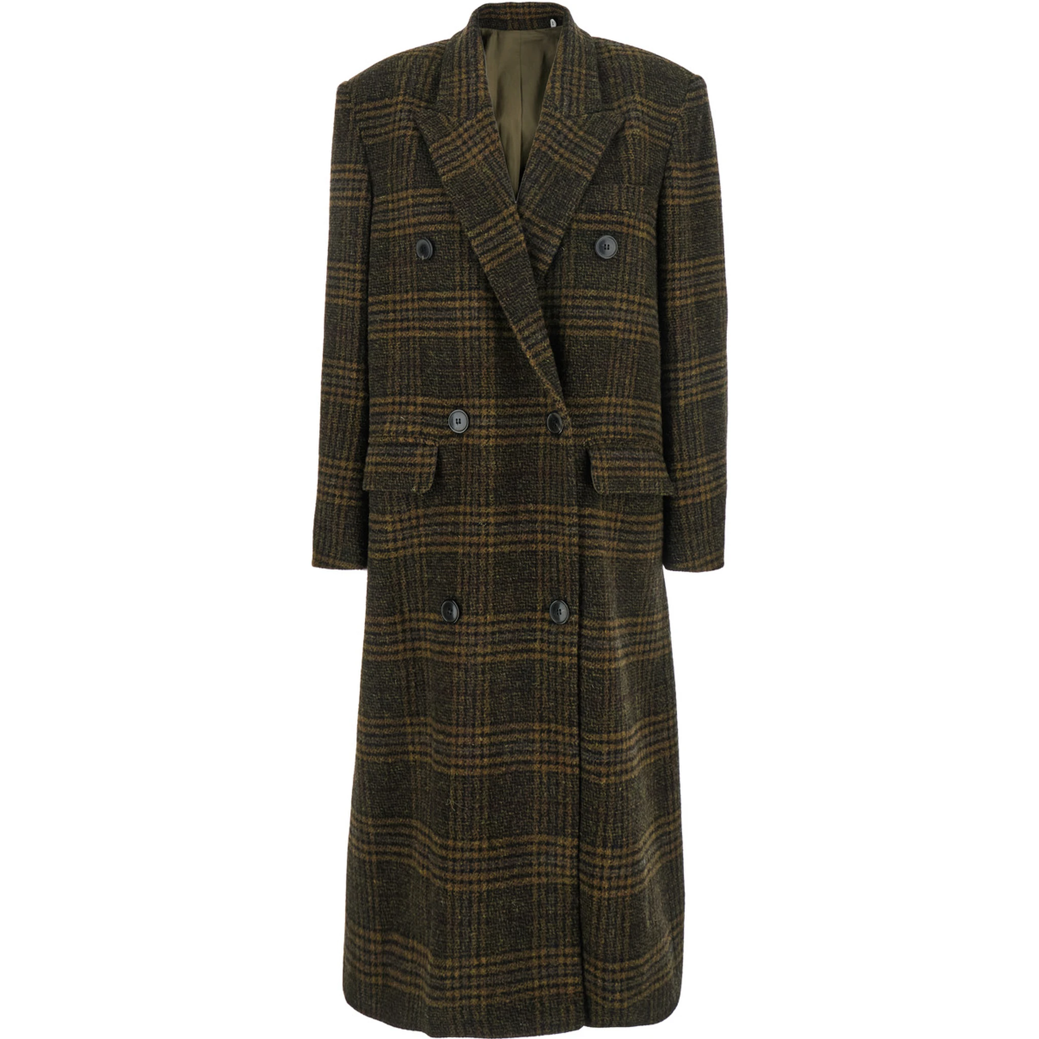 Lexana Green Double-Breasted Coat with Peak Revers and All-Over Check Motif in Wool Woman