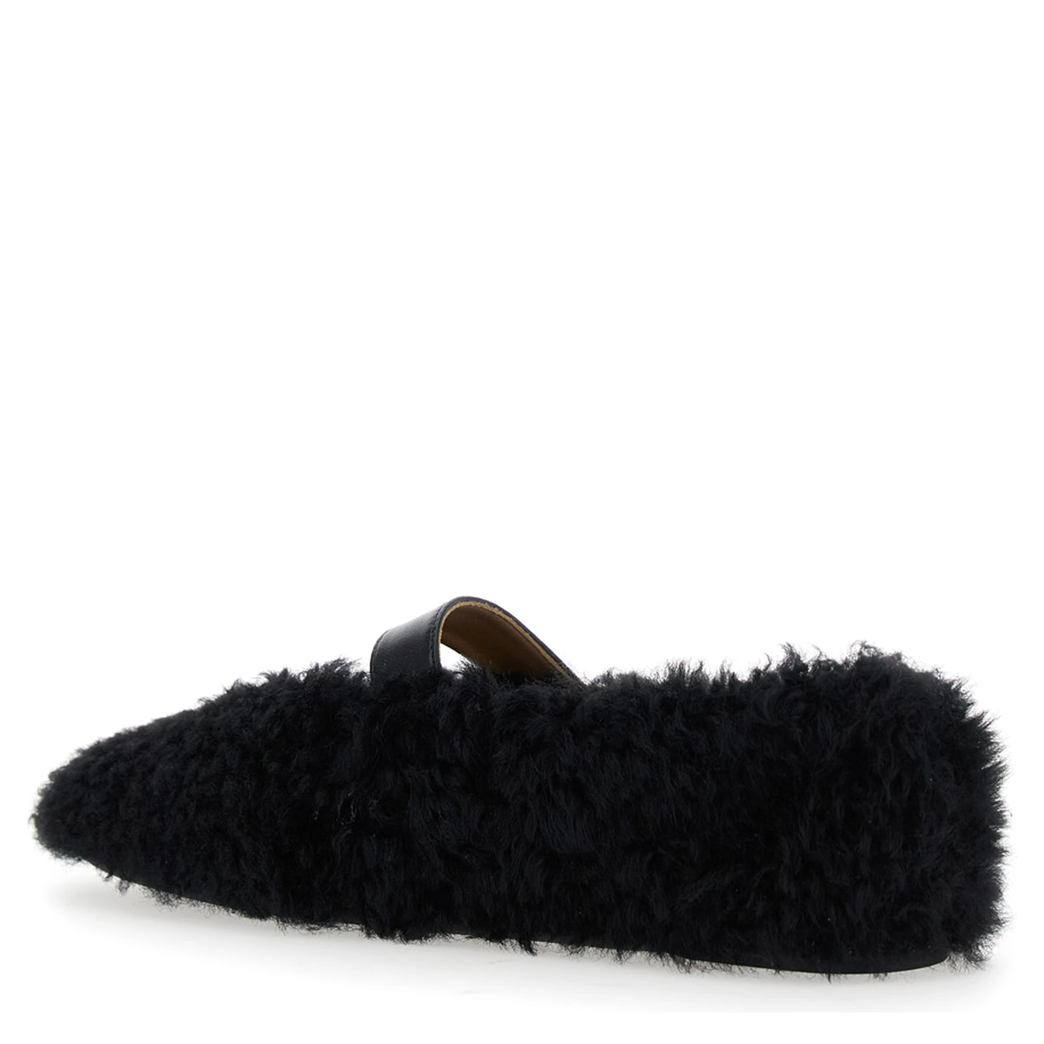 Black Ballerinas with Shearling Design and Buckle in Leather Woman