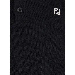 Black Long-Sleeve Polo Shirt with Classic Collar and FF Plaque on the Front in Wool Man