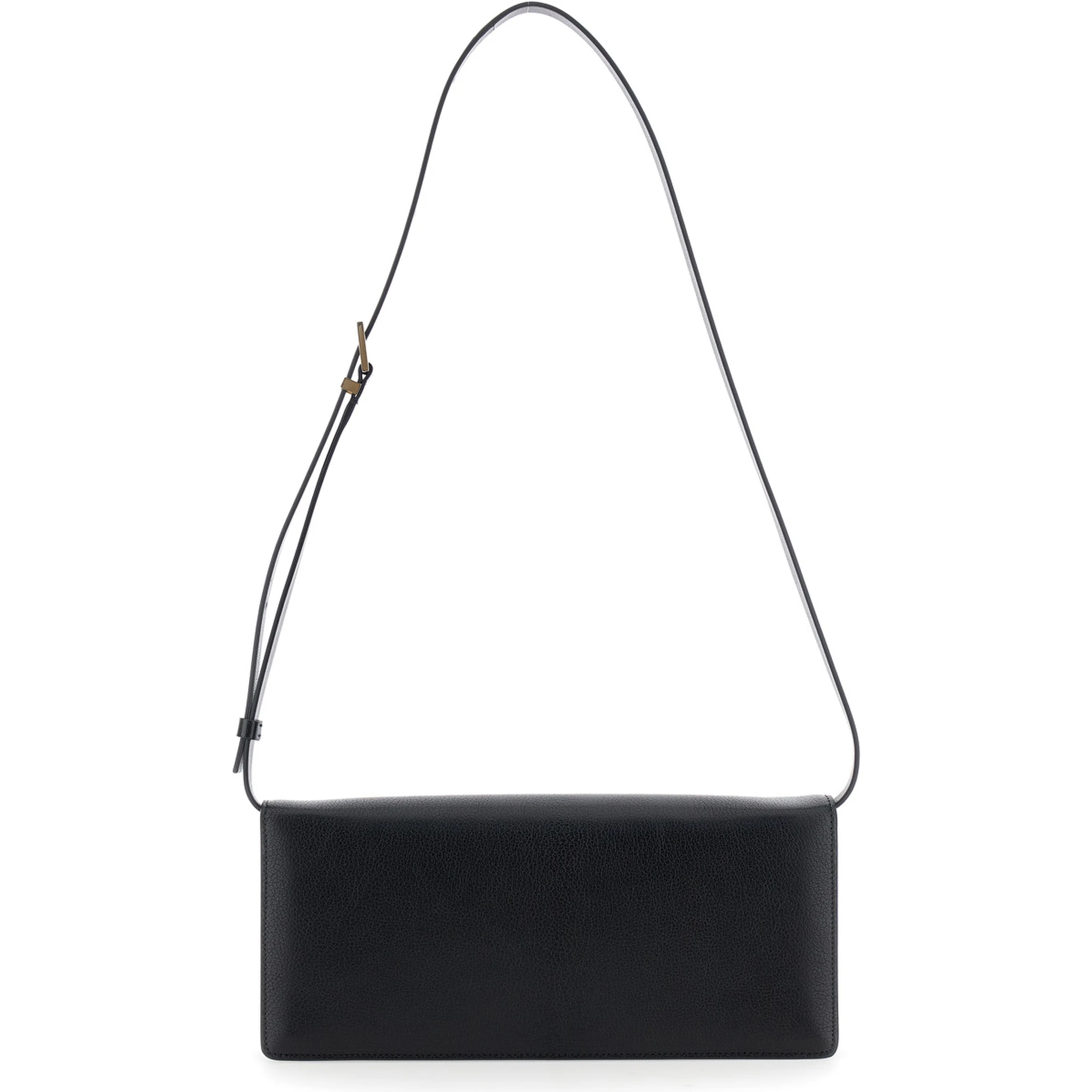 حقيبة كروس سوداء بحزام كتف قابل للتعديل وإغلاق على شكل حرف T من الجلد المحبب للنساء