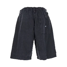 Blue Bermuda Pants with Elastic Waist and Logo Patch on the Rear in Linen Man