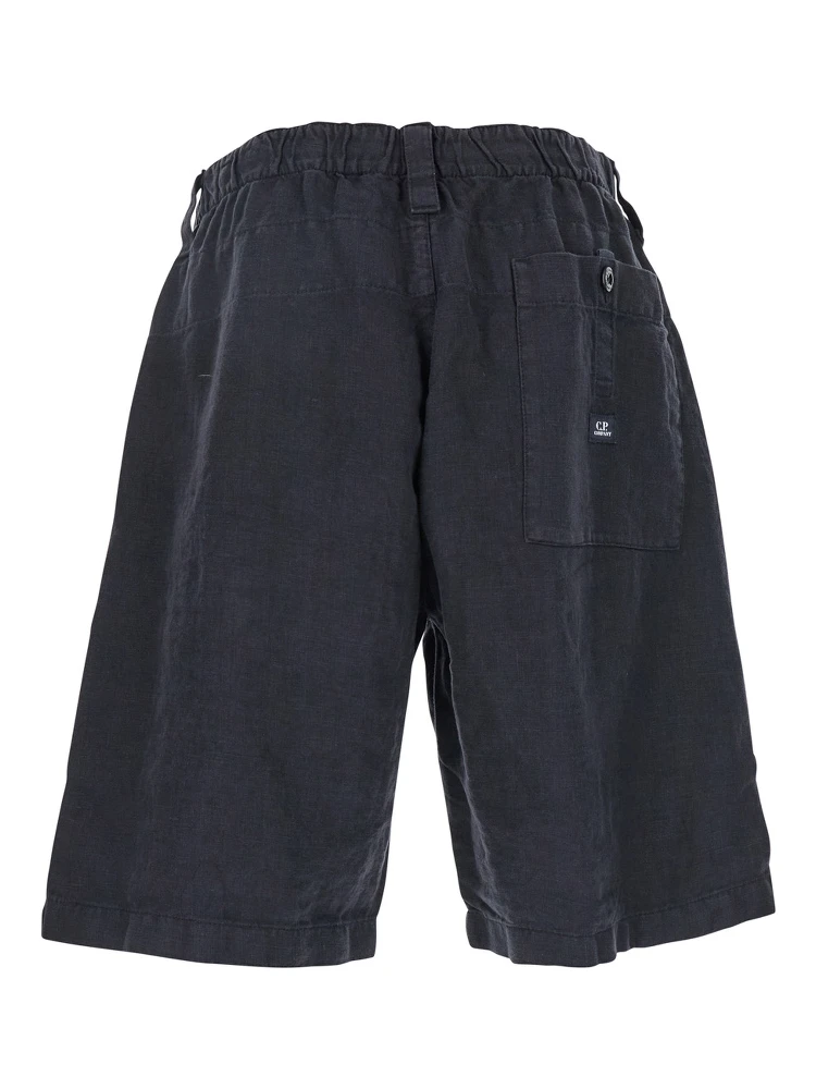 Blue Bermuda Pants with Elastic Waist and Logo Patch on the Rear in Linen Man alternative