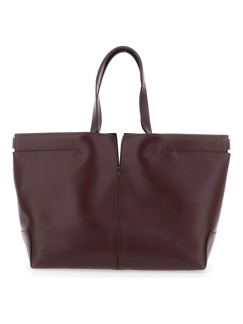 Bordeaux Tote Bag with Two Top Handles and Embossed Logo Lettering on the Front in Leather Woman
