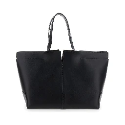 Black Tote Bag with Two Top Handles and Metal Details on the Side in Leather Woman