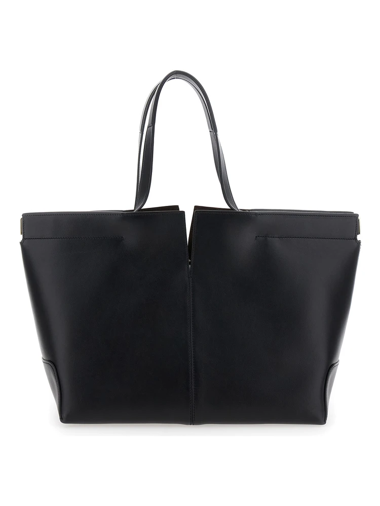 Black Tote Bag with Two Top Handles and Metal Details on the Side in Leather Woman alternative