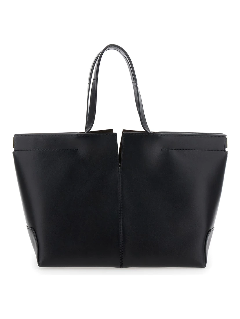 Black Tote Bag with Two Top Handles and Metal Details on the Side in Leather Woman