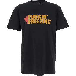 Black Crewneck T-Shirt with Print on the Front and Logo Lettering on the Rear in Cotton Man