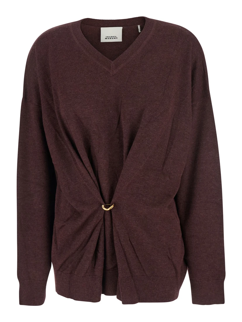 Bordeaux V-Neck Sweater with Ring Detail at the Waist in Fabric Woman