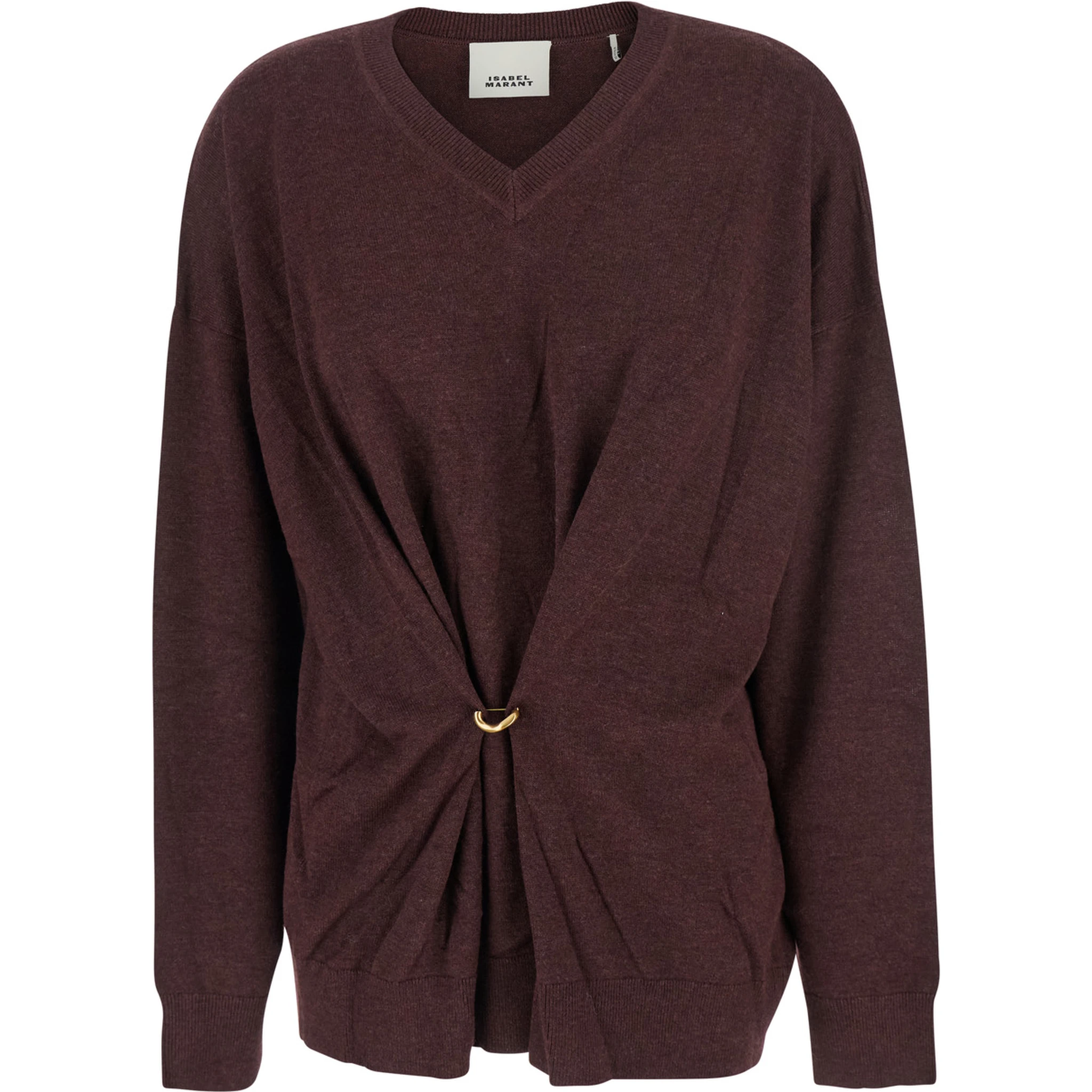 Bordeaux V-Neck Sweater with Ring Detail at the Waist in Fabric Woman