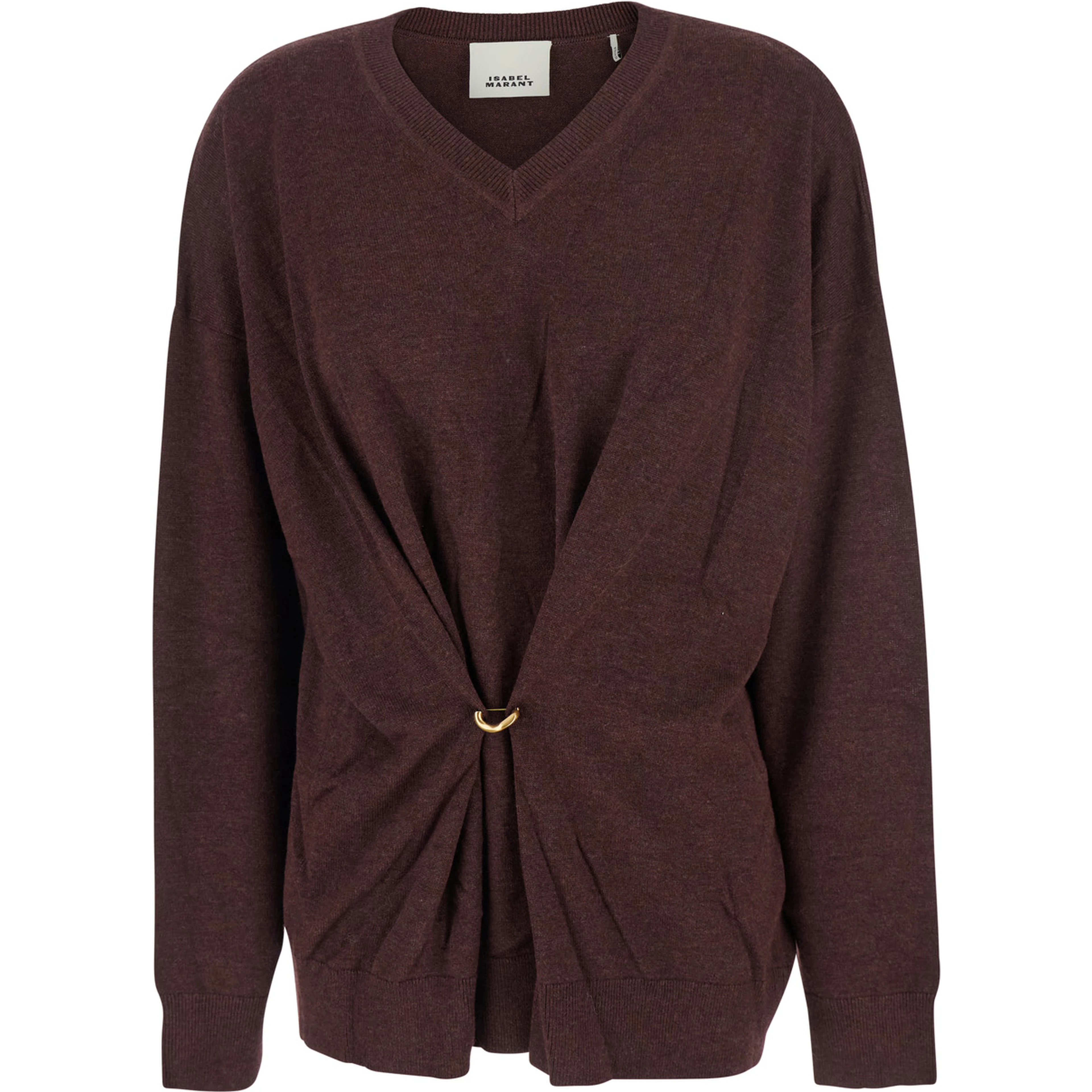 Bordeaux V-Neck Sweater with Ring Detail at the Waist in Fabric Woman