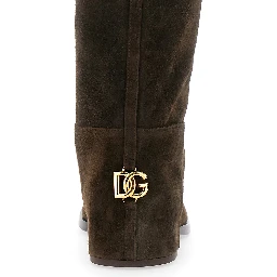Brown Knee-High Boots with Back Logo Plaque in Suede Woman