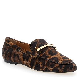 Brown Loafers with Logo Plaque on the Front and All-Over Leopard Motif in Suede Woman