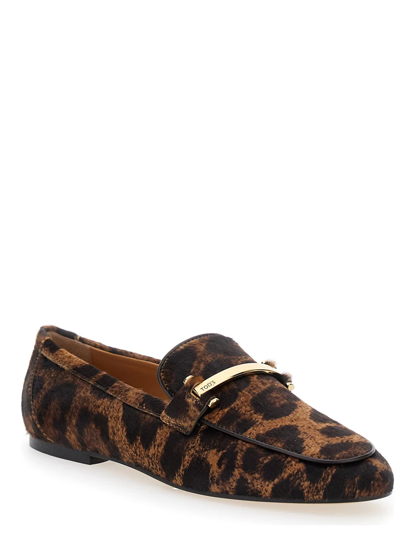 Brown Loafers with Logo Plaque on the Front and All-Over Leopard Motif in Suede Woman