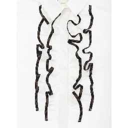 White Shirt with Classic Collar and Contrasting Ruched Detail in Cotton Girl