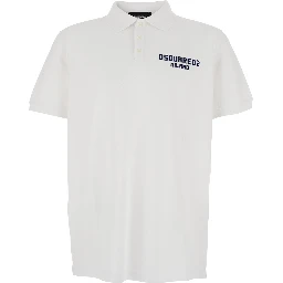 White Polo Shirt with Classic Collar and Logo Lettering on the Front in Cotton Man