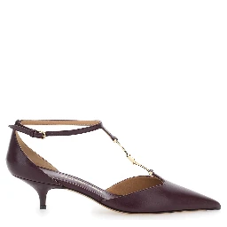 حذاء نسائي بكعب منخفض وحزام على شكل حرف T من الجلد، لون بورغندي