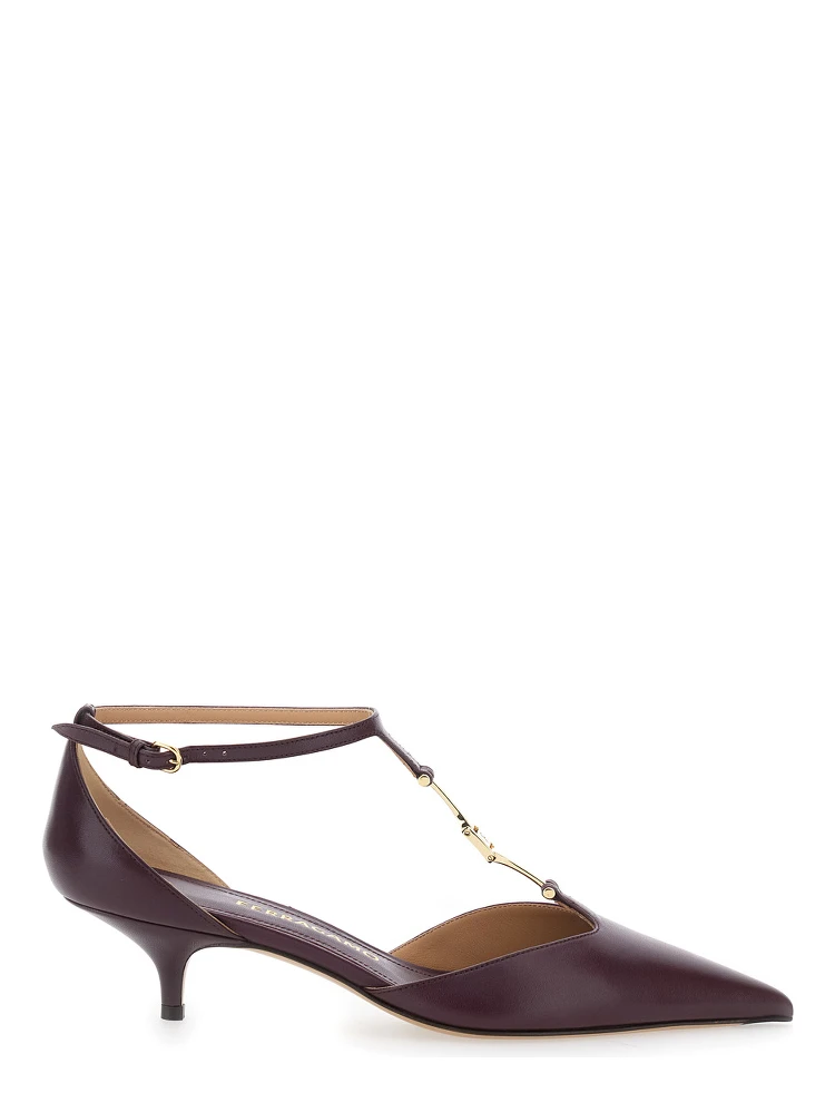 Bordeaux Pumps with T Strap and Low Heel in Leather Woman