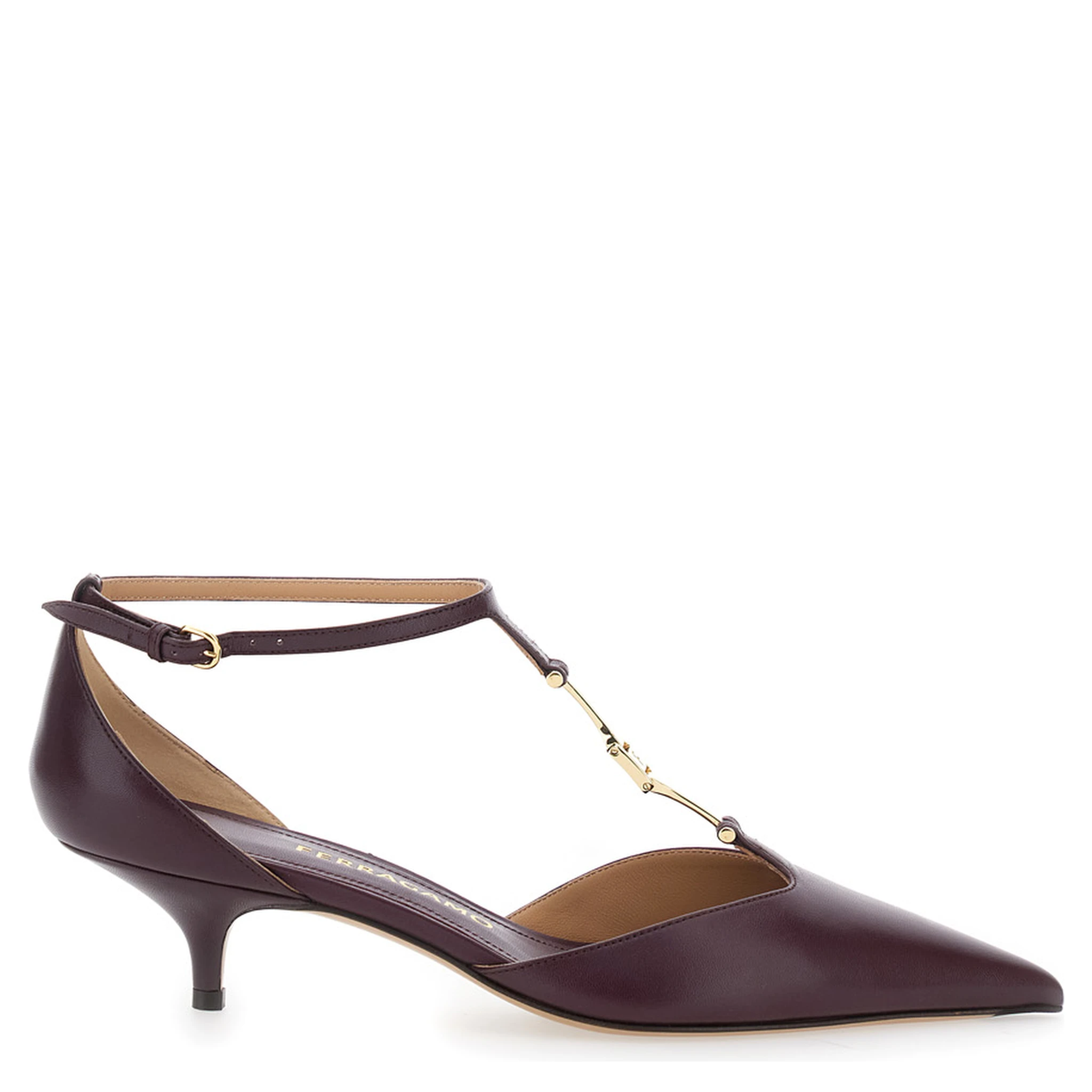 حذاء نسائي بكعب منخفض وحزام على شكل حرف T من الجلد، لون بورغندي