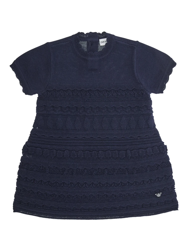 Blue Dress with Round Neck and Logo Embroidery on the Front in Wool Blend Girl