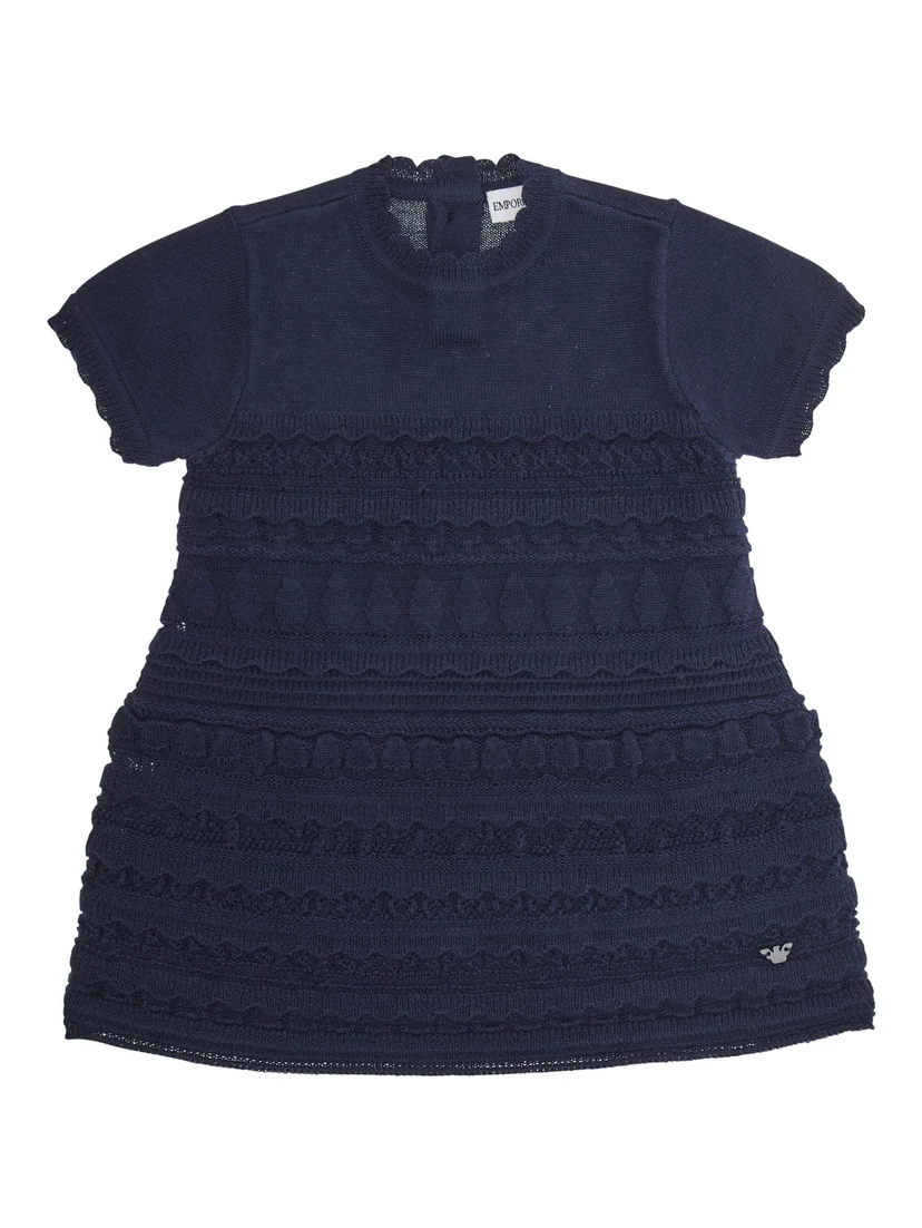 Blue Dress with Round Neck and Logo Embroidery on the Front in Wool Blend Girl