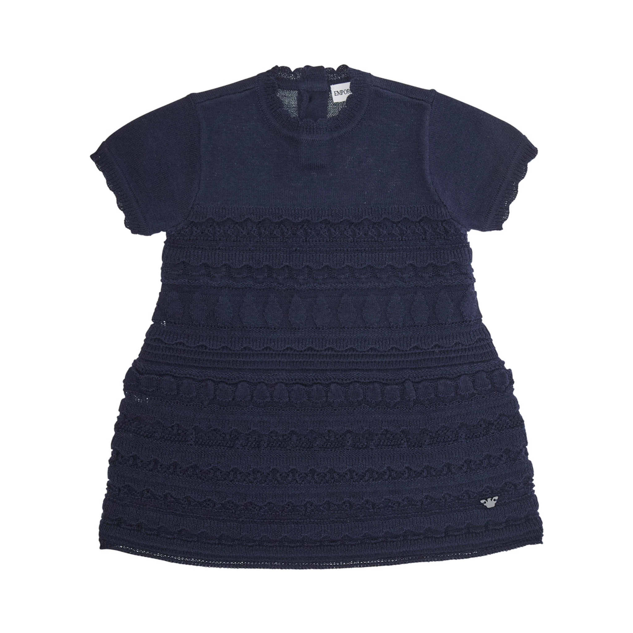 Blue Dress with Round Neck and Logo Embroidery on the Front in Wool Blend Girl