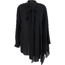 Black Blouse with Pussybow Collar and Asymmetric Design in Silk Woman