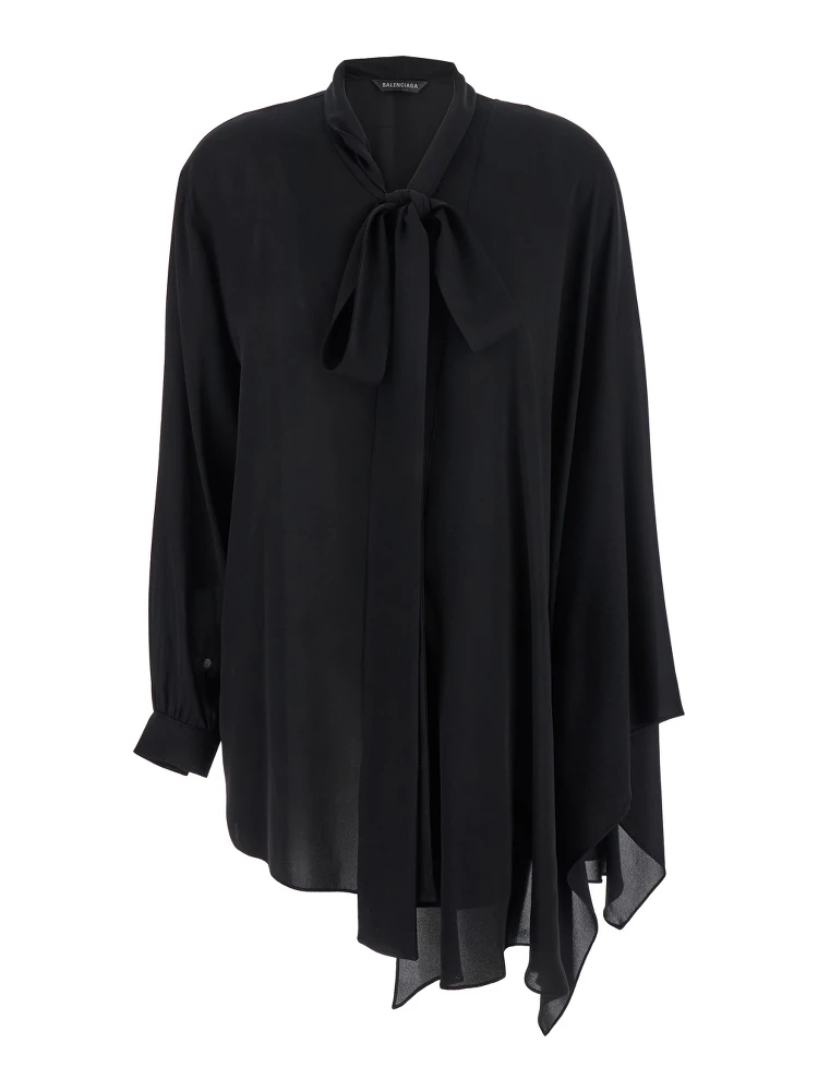 Black Blouse with Pussybow Collar and Asymmetric Design in Silk Woman