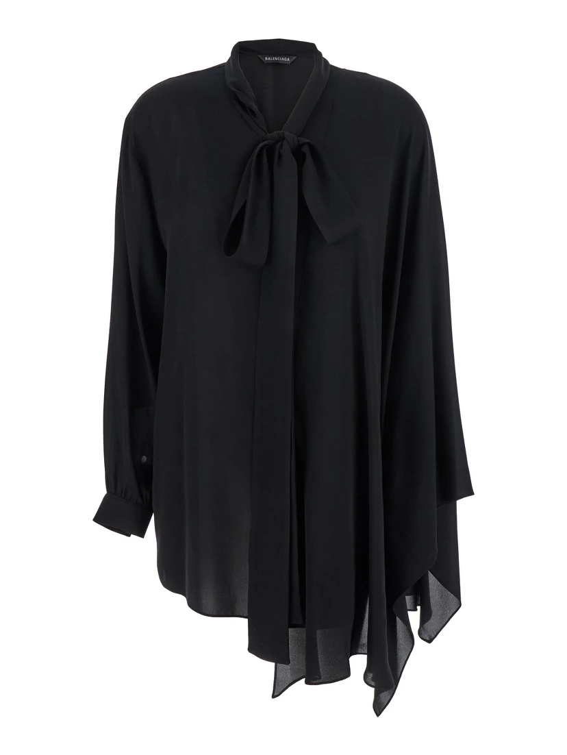 Black Blouse with Pussybow Collar and Asymmetric Design in Silk Woman