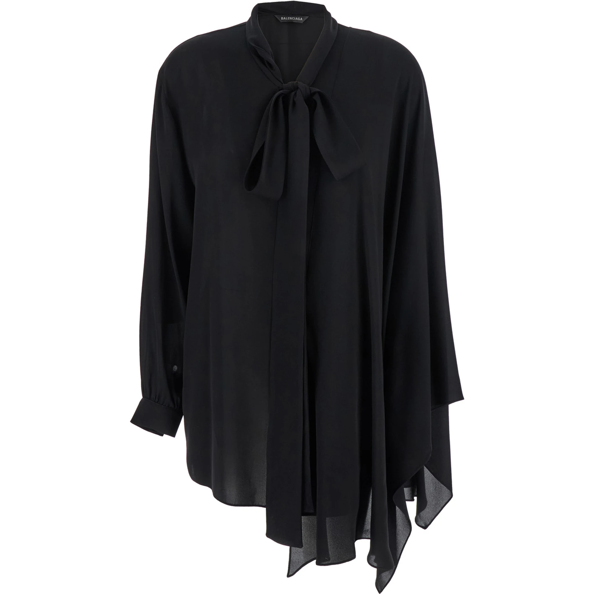Black Blouse with Pussybow Collar and Asymmetric Design in Silk Woman