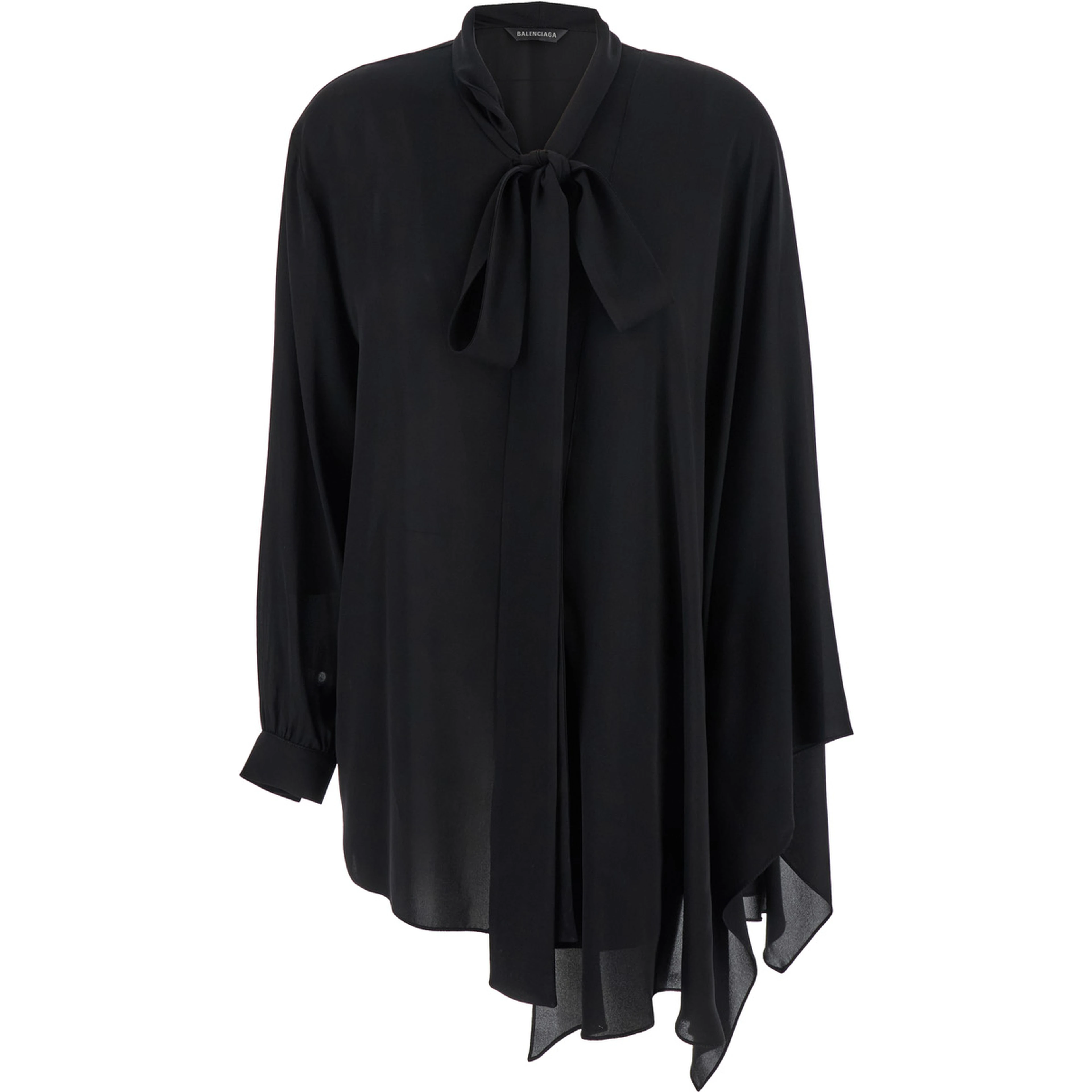 Black Blouse with Pussybow Collar and Asymmetric Design in Silk Woman