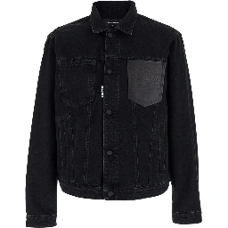 Black Jacket with Classic Collar and Embossed Logo on the Front in Denim Man