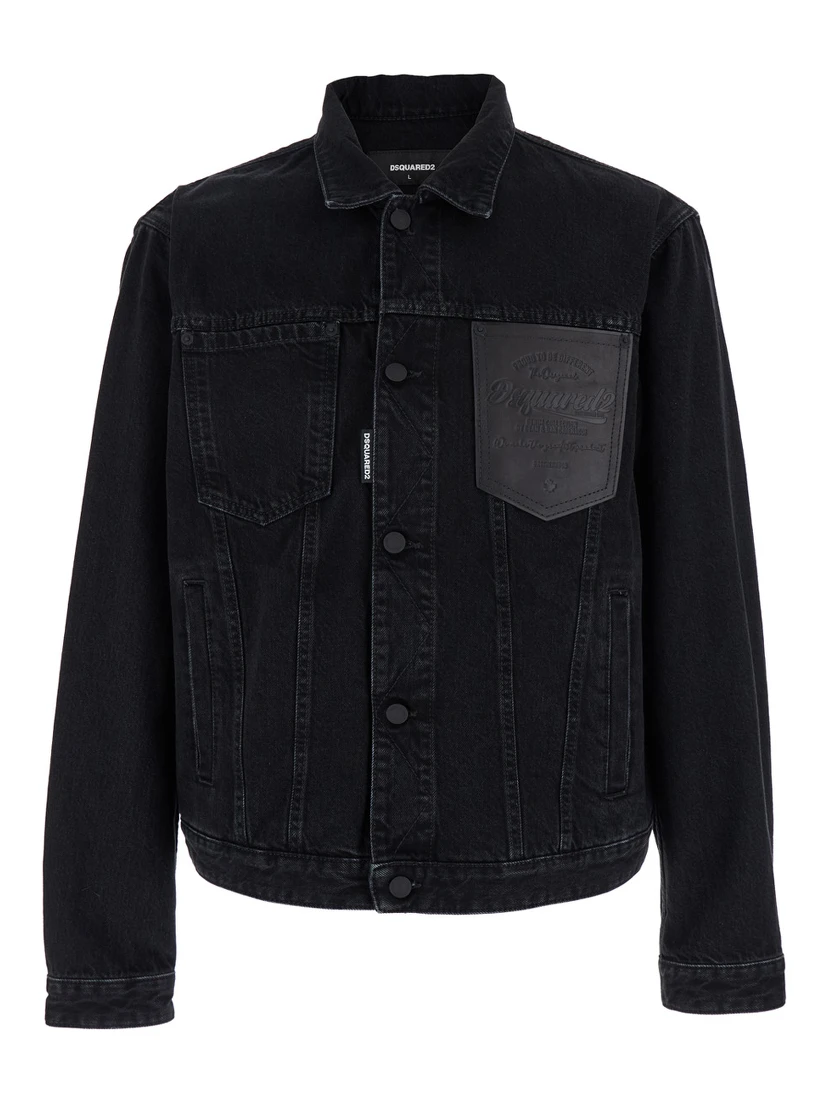 Black Jacket with Classic Collar and Embossed Logo on the Front in Denim Man