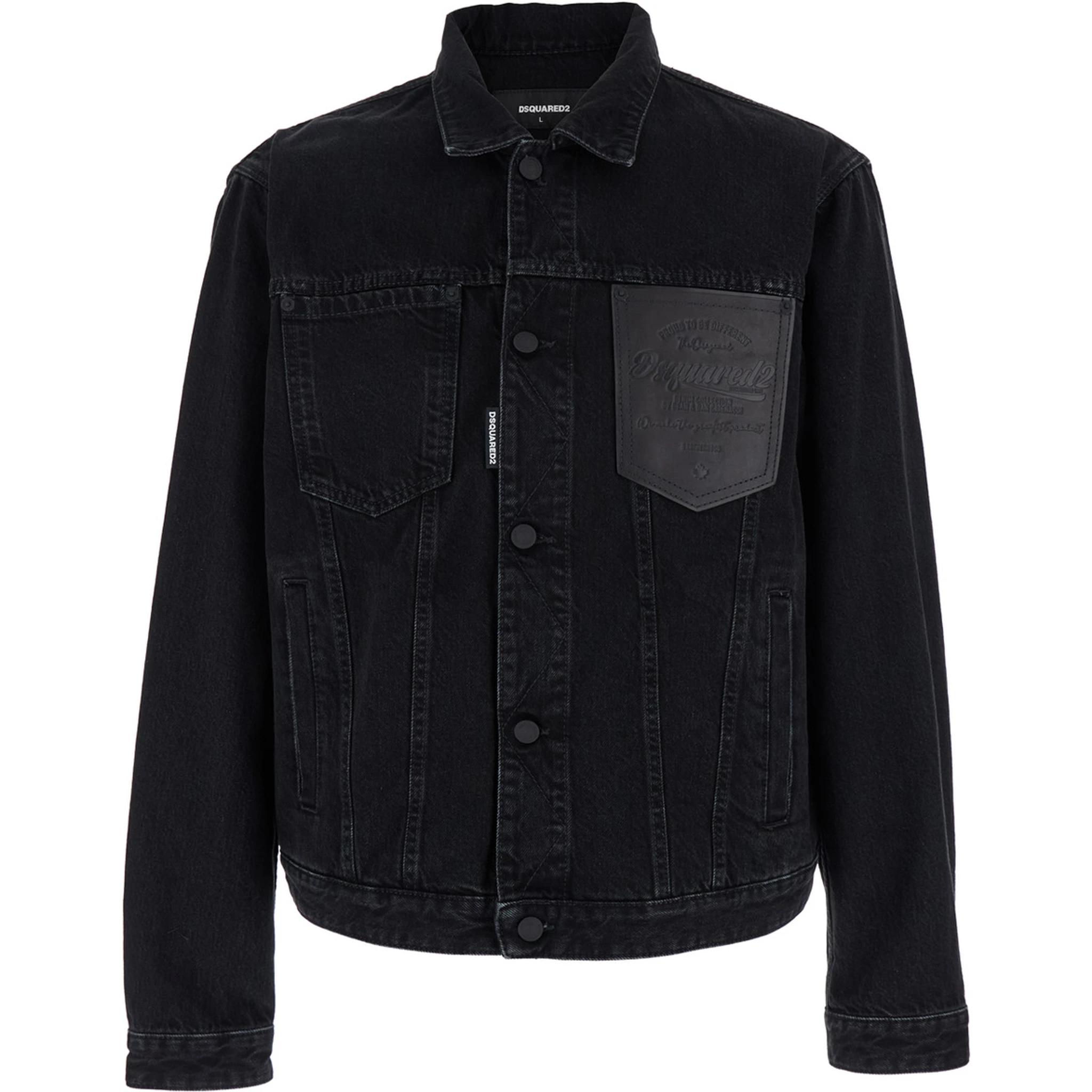 Black Jacket with Classic Collar and Embossed Logo on the Front in Denim Man