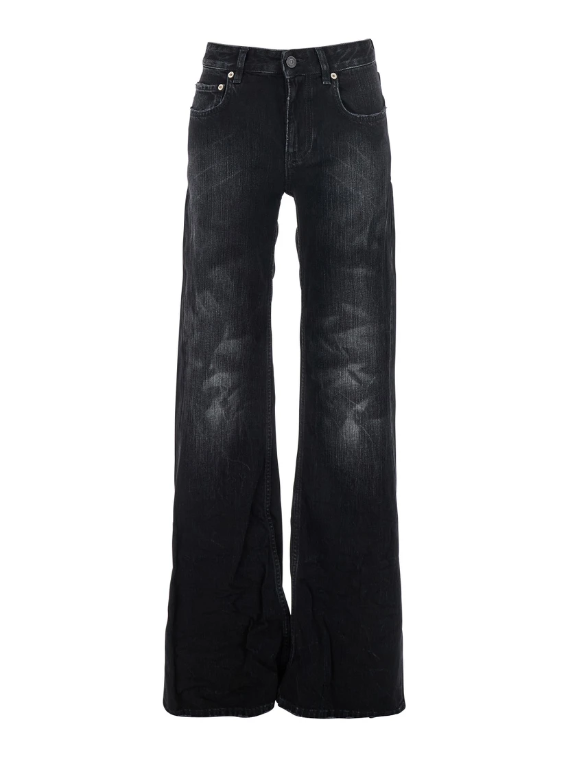 Black Jeans with Faded Effect and Wide Legi n Denim Woman