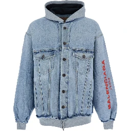 Light Blue Jacket with Fixed Hood and Maxi Logo Lettering on the Sleeve in Denim Man