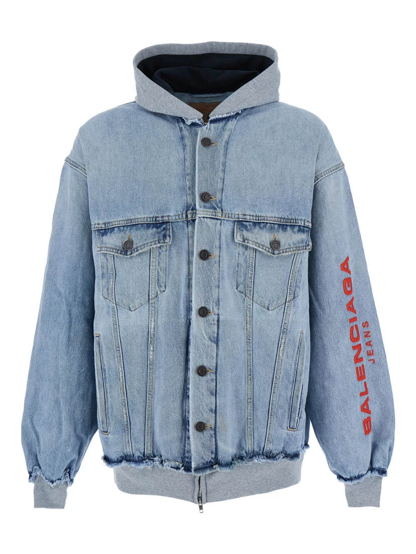 Light Blue Jacket with Fixed Hood and Maxi Logo Lettering on the Sleeve in Denim Man