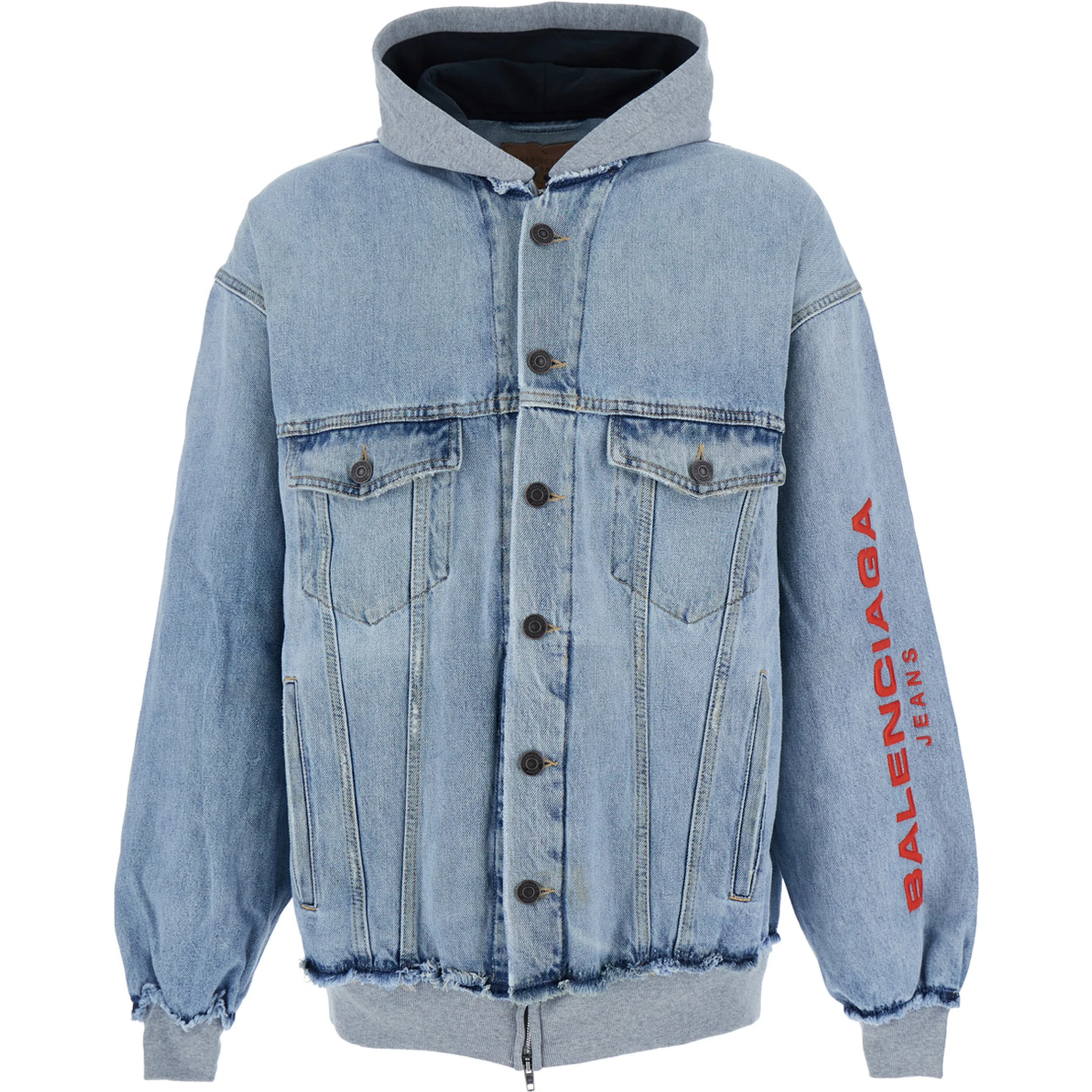 Light Blue Jacket with Fixed Hood and Maxi Logo Lettering on the Sleeve in Denim Man