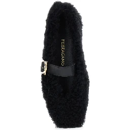 Black Ballerinas with Shearling Design and Buckle in Leather Woman