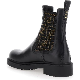 Black Ankle Boots with Elastic Side Detailing and FF Motif in Leather Woman