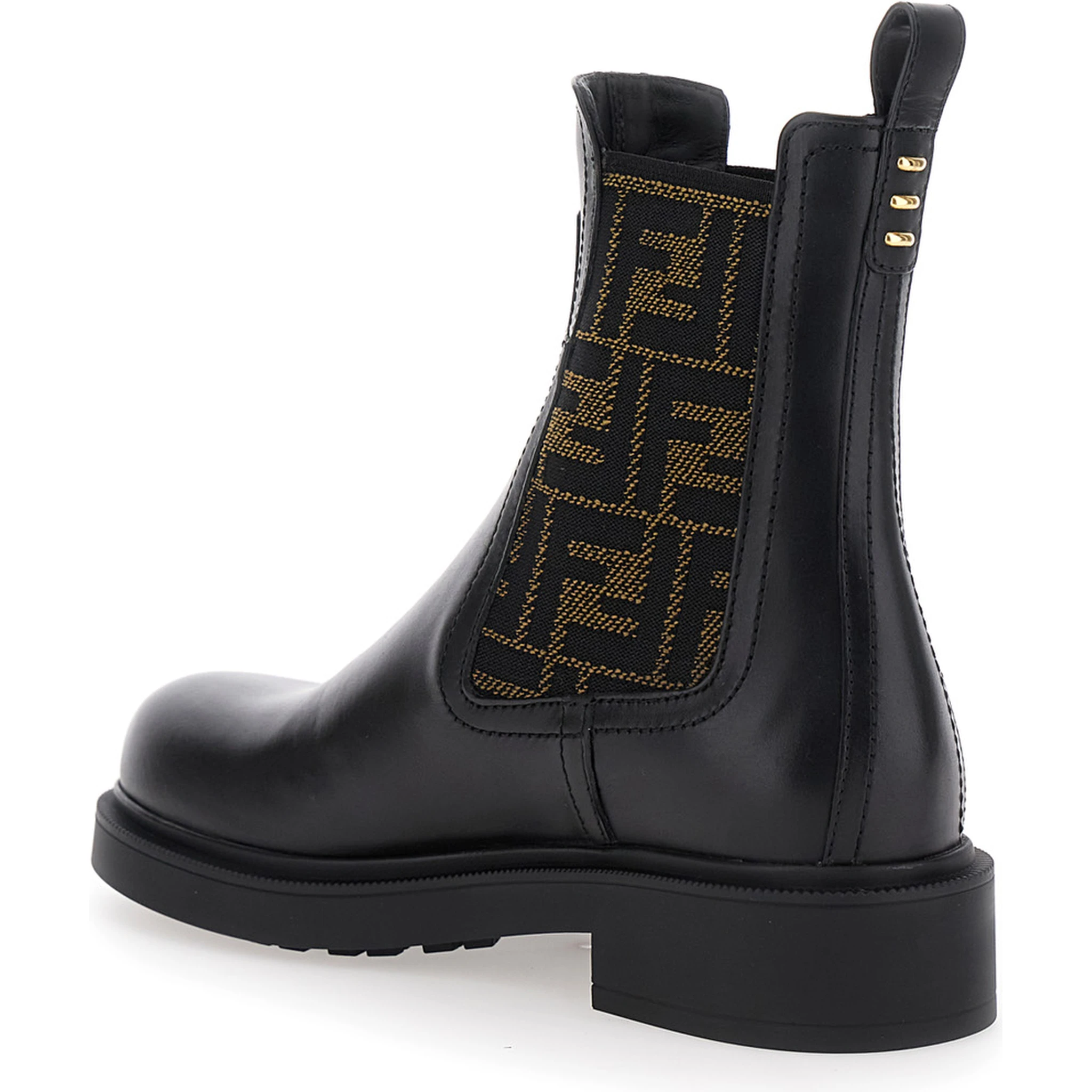 Black Ankle Boots with Elastic Side Detailing and FF Motif in Leather Woman