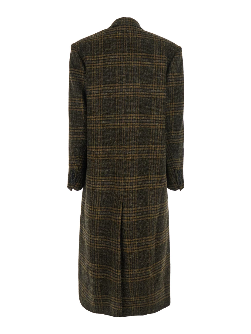 Lexana Green Double-Breasted Coat with Peak Revers and All-Over Check Motif in Wool Woman